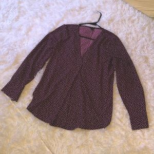 Ann Taylor maroon & white patterned blouse with pleated front, long sleeves